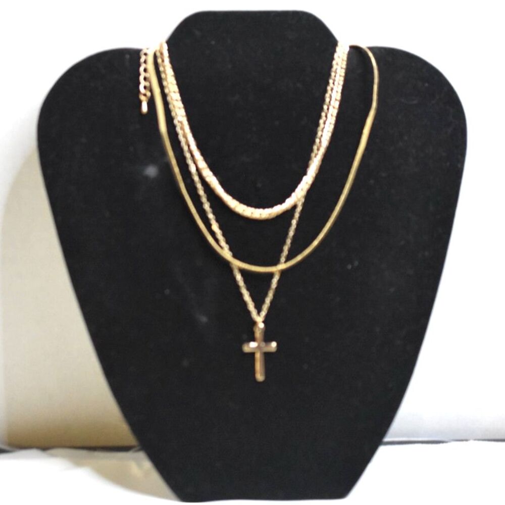 NIP Aura 3pc Set Gold Tone Herringbone/Curb/Link Cross Chain Y2K Preppy Necklace
